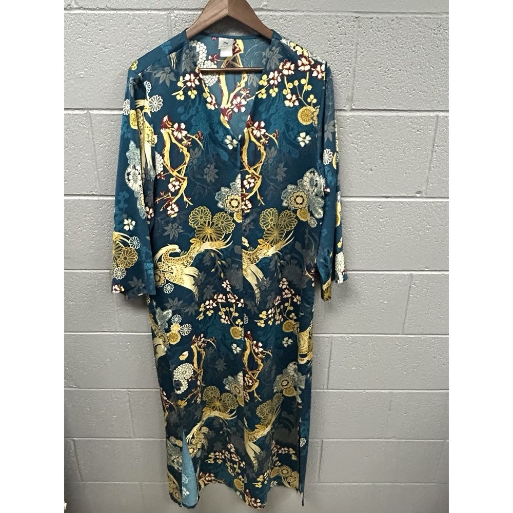 Natori Womens Zip Up Caftan Turquoise Floral Satin Kimono Robe Size L